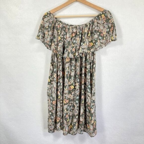 Easel Off The Shoulder Floral Billowy Boho Mini Dress Large - Picture 1 of 5